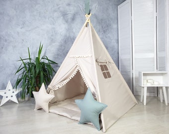 Best Teepee For Kids | Play Tents & Playhouses, 1st Birthday Gift, Indoor Playzone, Neutral Teepee Print, Beige Teepee Boho Style Teepee