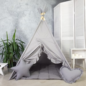 1. Kinder-Geburtstagsgeschenke, Geschenke Kinder spielen Tipi-Zelt, Kinderspielhaus Indoor-Spielzone Neutraler Tipi-Druck Graues Tipi blasses Rosa Tipi-Zelt