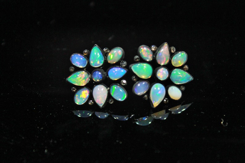 Rose Cut Diamond Earrings Jewelry Sterling Silver Black Rhodium Handmade Stud Earrings Jewelry Natural Ethiopia Opal Stud Earrings Jewelry