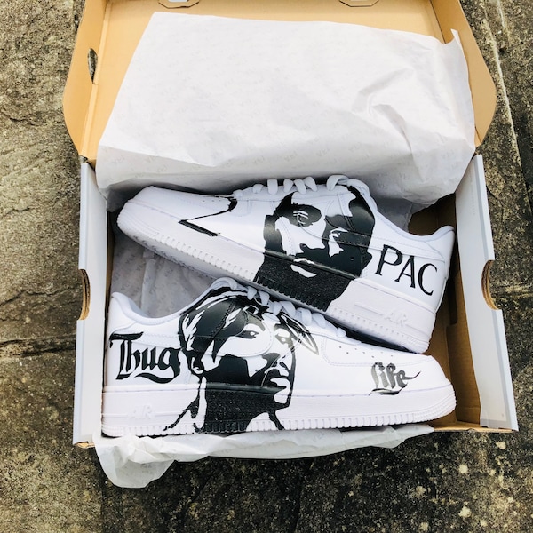 Hand painted 2pac Shakur rapper trapstar  thug life custom sneakers airforce men women kids