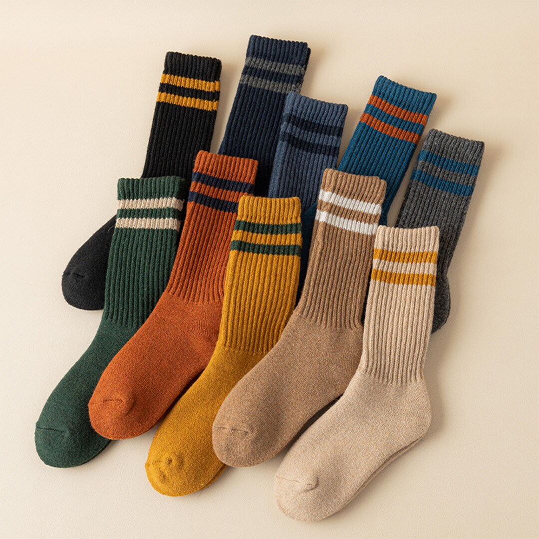 Vintage Striped Socks, Men's Fluffy Socks, Comfortable Warm Socks