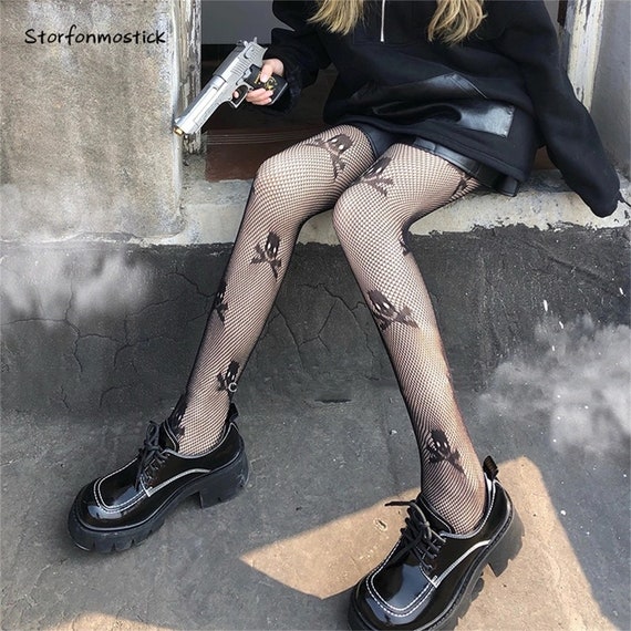 Japanese Lolita Skull Fishnet Black Stockings, Women's Summer Thin