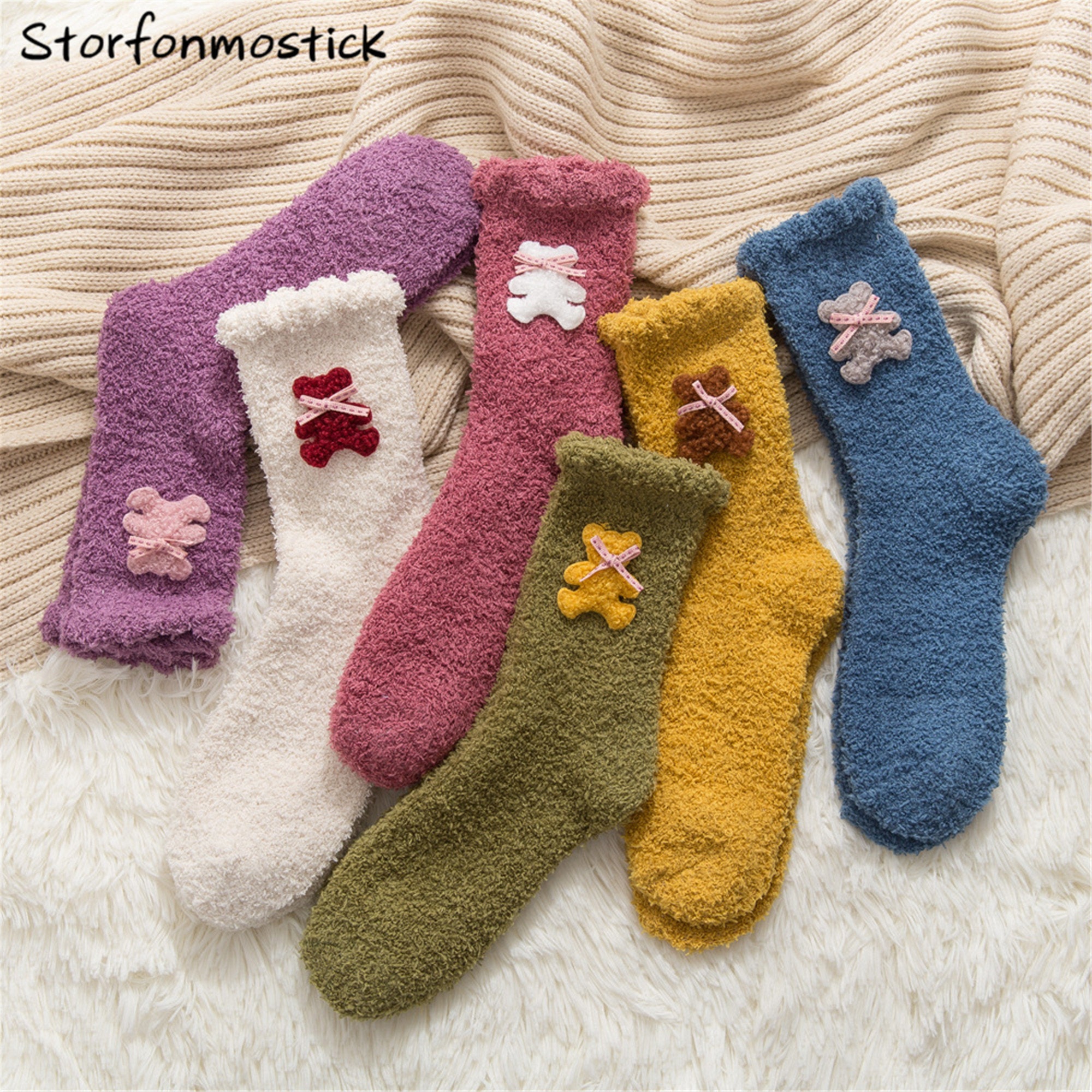Cute Bear Fuzzy Socks Ladies Solid Color Coral Fleece Stripe | Etsy