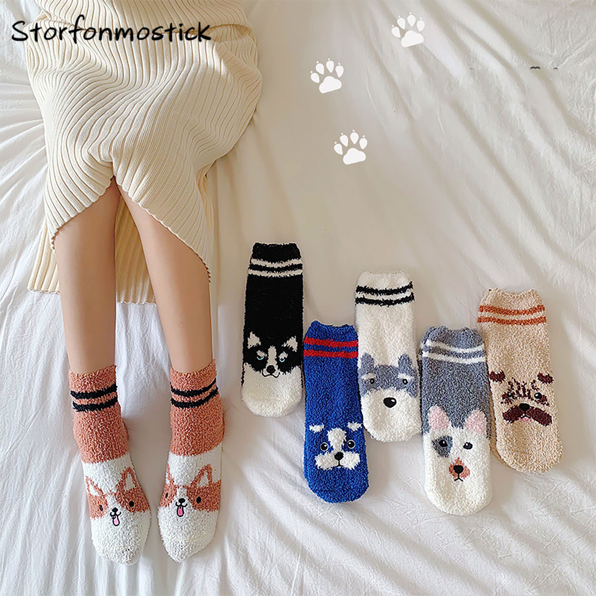 Cute Dog Fuzzy Socks Ladies Solid Color Coral Fleece Stripe | Etsy