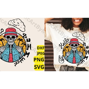 May include: A white t-shirt with a colorful graphic of a skeleton wearing a red hat and sunglasses, with the text "Hello Summer" in a circle around the skeleton.