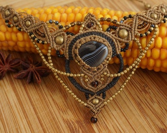 Macrame Botswana Agate Necklace: Black Micromacrame Healing Crystal, Gold Beads