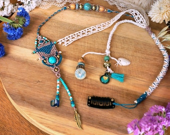 Macrame Hairwrap: Turquoise & Brass Boho Hair Extension