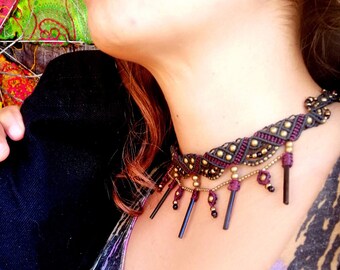 Macrame Tourmaline Choker: Black Crystal Boho Necklace