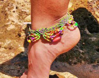 Fluorescent Green Macrame Anklet: Handmade Beaded Foot Jewelry