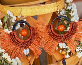 Handmade Macrame Earrings: African Tribal Wood Pendant Shell Jewelry