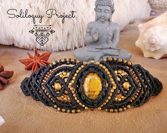Tiger Eye Micromacrame Bracelet: Black & Brass Boho Jewelry