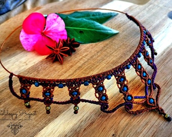 Handmade Macrame Choker: Brown, Purple & Turquoise Beaded Boho Necklace