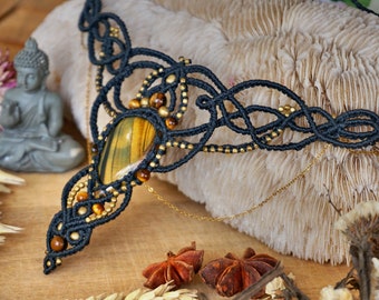 Macrame Tiger Eye Necklace: Black Micromacrame Healing Crystal Jewelry
