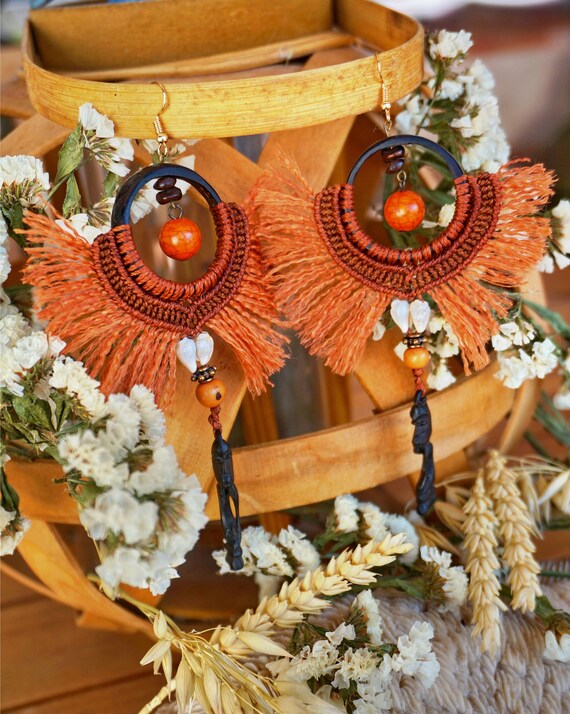 Handmade Macrame Earrings: African Tribal Wood Pendant Shell Jewelry