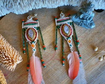Maya Earrings with CLEAR QUARTZ  crystal, glass and brass beads with long feathers