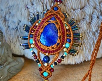 Lapis Lazuli Micromacrame Pendant Necklace: Bohemian Healing Stone Jewelry
