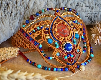 Red Jasper Lapis Lazuli Macrame Bracelet, Crystal Brass Cuff, Wearable Art