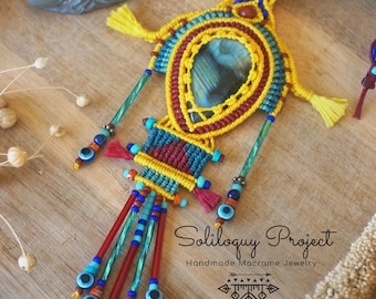 Labradorite Macrame Necklace: Handmade Boho Evil Eye Pendant