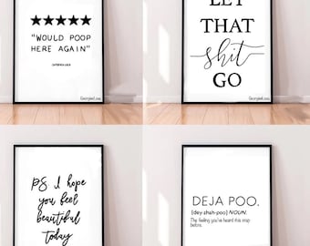 Funny Bathroom Art Print, Black and White Line Art