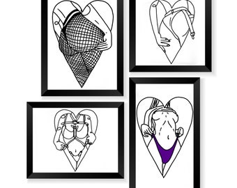 Impresión artística de línea de corazón de amor bondage, diseño de tatuaje sexy