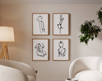 Impresión de arte lineal de mujer minimalista, decoración corporal positiva para el hogar
