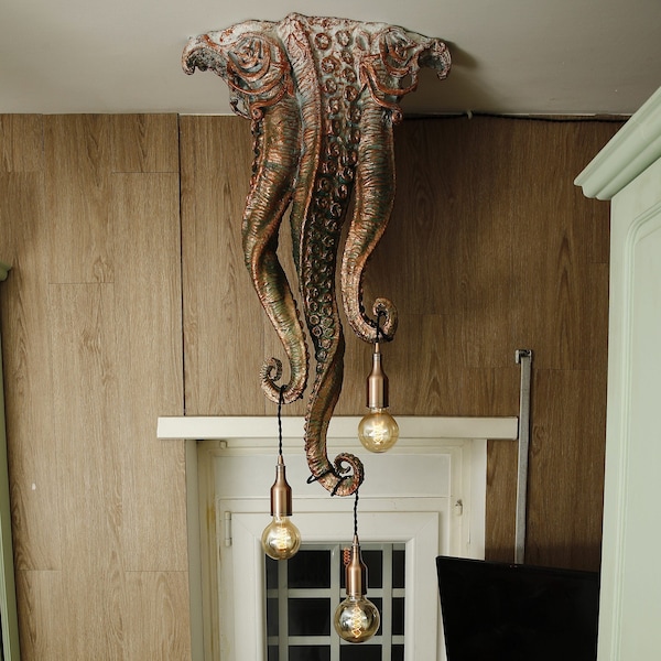 Lovecraft art chandelier . Octopus, Kraken Tentacle, Cthulhu Unique Fantasy Man Gift Idea, Steampunk vintage statuette home decor