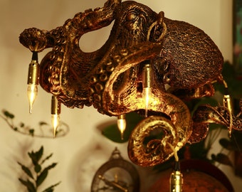 Octopus Tentacle chandelier Cthulhu mythos Fantasy Gift Idea, Steampunk vintage pendant designer bulb holder, light lamp, ancient gold color