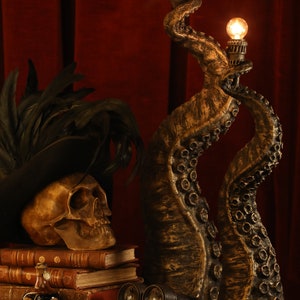 Octopus, Antique gold Tentacle, Cthulhu mythos Fantasy Gift Idea, Steampunk vintage statuette designer lamp holder, porthole light lamp