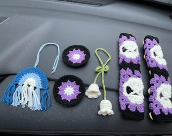Accessori per interni auto Decorazione teschio all&#39;uncinetto, Copri cintura di sicurezza teschio carino, Ciondolo da appendere allo specchio dell&#39;auto, Campanula da appendere allo specchio dell&#39;auto