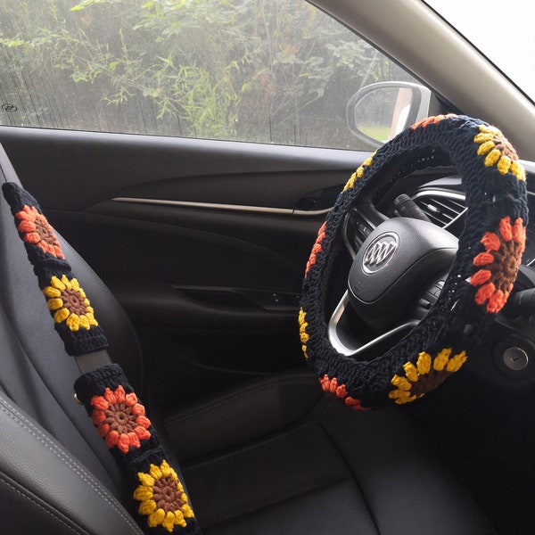 Crochet Sunflower Steering Wheel Cover, Steering Wheel Cover,Sunflower Crochet Seat Belt Cover, Steering Wheel Cover Crochet,car accessories
