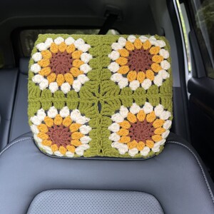 Handmade Crochet Sunflower Car Headrest Cover: Colorful Car Decor image 3