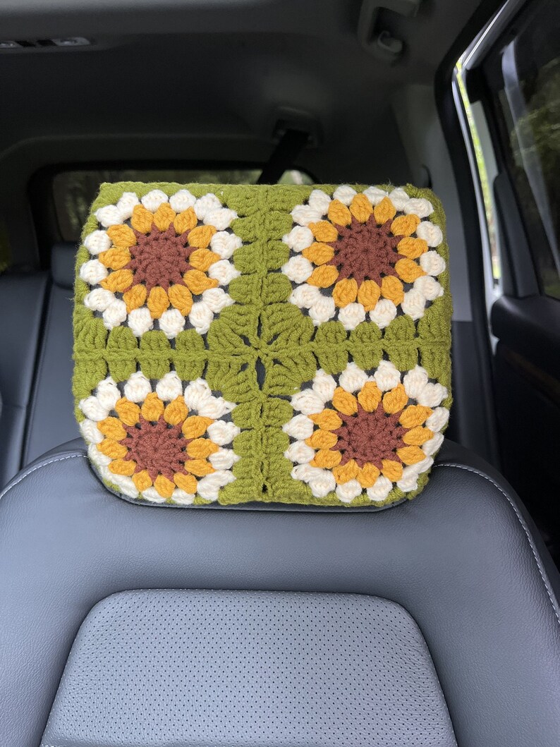 Handmade Crochet Sunflower Car Headrest Cover: Colorful Car Decor image 3