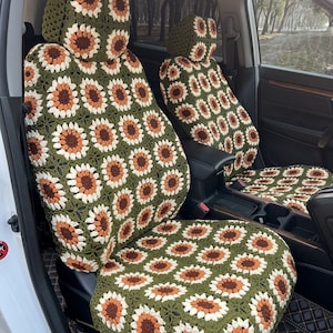 Pokrowce na siedzenia słonecznikowe, szydełkowe pokrowce na siedzenia samochodowe, pokrowce na zagłówki przednich siedzeń samochodowych, akcesoria samochodowe, urocze pokrowce na siedzenia, zestaw pokrowców na koła, prezent dla niej