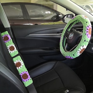 Lenkradabdeckung, gehäkelte Sonnenblumen-Lenkradabdeckung, Sonnenblumen-Sicherheitsgurtabdeckung, Pink-Lenkradabdeckung für Frauen, Autozubehör