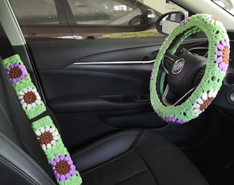 Crochet Sunflower Steering Wheel Cover & Seat Belt Cover: Car Accessories