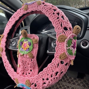 Crochet Steering Wheel Cover for women,Cute Green seat belt Cover,Car Mirror Hanging Pendant,Car interior Accessories decorations