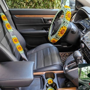 Auto Stuurwiel Cover, Zonnebloem Gehaakte Veiligheidsgordel Cover, Steering Wheel Cover haak, Strawberry Car Achteruitkijkspiegel Opknoping Accessoires