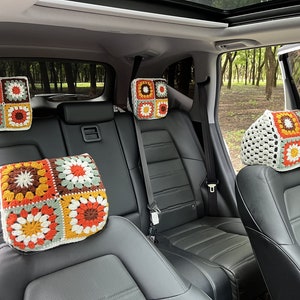 Car Headrest Covers,Crochet Rainbow Sunflower Granny Square Headrest Cover Set,Car Decor Cover seat Headrest cover,Car interior Accessories