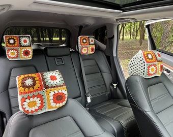Car Headrest Covers,Crochet Rainbow Sunflower Granny Square Headrest Cover Set,Car Decor Cover seat Headrest cover,Car interior Accessories
