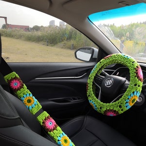 Crochet Steering Wheel Cover For Women,Car Steering Wheel Cover,Flower Steering Wheel Cover and Seat Belt Cover,Crochet Gift,car accessories