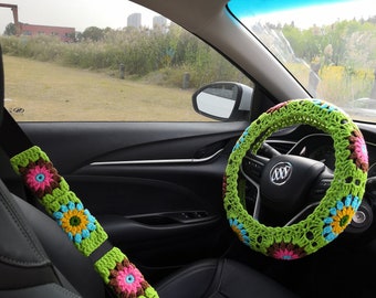 Handmade Crochet Sunflower Steering Wheel and Seat Belt Cover Set