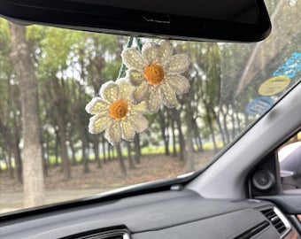 Crochet Daisy Car Accessories for Women Girls Cute Rear View Mirror Hanging Charms Handmade Daisy Flower Gifts