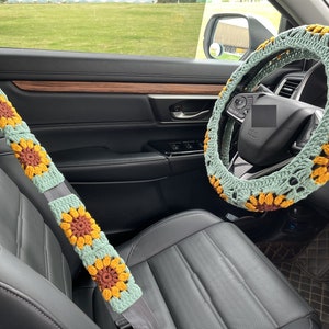 Sunflower Car Steering Wheel Cover,Crochet Steering Wheel Cover,Flower seat belt Cover,Cute Steering Wheel Cover,Car Accessories