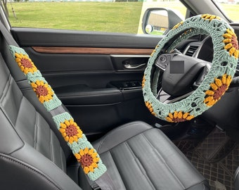 Sunflower Car Steering Wheel Cover,Crochet Steering Wheel Cover,Flower seat belt Cover,Cute Steering Wheel Cover,Car Accessories