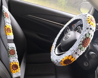 Funda de volante de girasol tejida a mano: accesorio ecológico para el coche