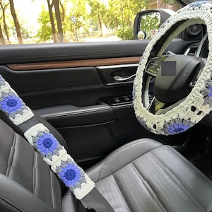 Crochet Steering Wheel Cover,Sunflower Crochet Seat Belt Cover,Cute Steering Wheel Cover,Women car accessories,Crochet car accessories