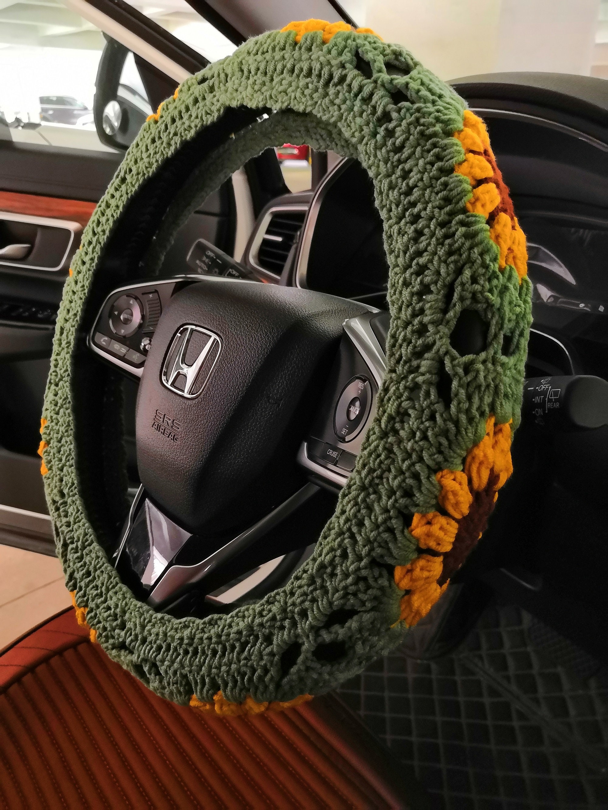  YDM Handmade Sunflower Crochet Steering Wheel Cover for Women  Girl +2 Belt Cover : Automotive