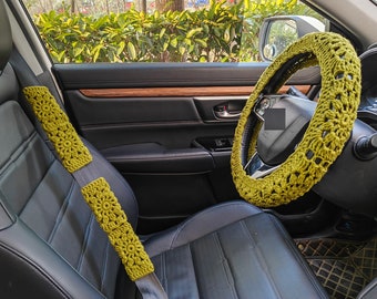 Handmade crochet Steering Wheel Cover for women,cute Sunflower flower seat belt Cover,Car interior Accessories decorations,Mustard green