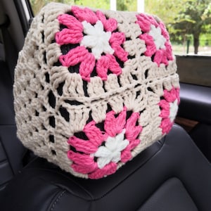 Car Seat Headrest Covers and Steering Wheel Cover Set,Crochet Steering Wheel Cover Headrest Covers Set,Car Decor Cover seat Headrest cover