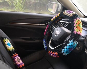 Handmade Crochet Granny Square Steering Wheel Cover: Eco-Friendly Car Accessory